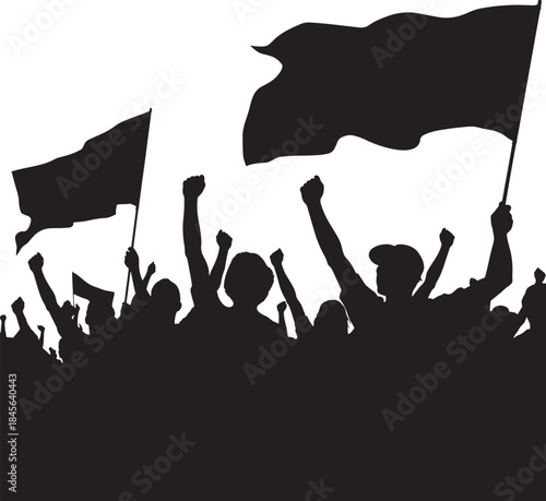 Silhouette of large crowd of people with raised hands, holding flags and protesting against transparent background in a dynamic and energetic display of activism and solidarity