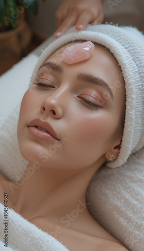 Facial massage with rose quartz on a serene woman in a spa setting
