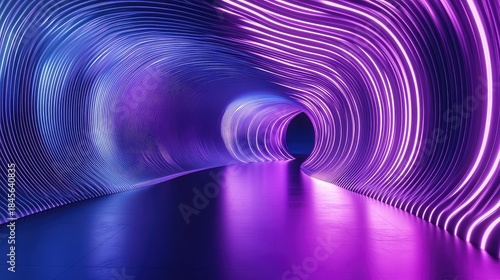 Fototapeta Naklejka Na Ścianę i Meble -  Abstract tunnel featuring vibrant purple and blue neon light lines illuminating a reflective pathway, representing advanced technology, digital connectivity, and futuristic innovation