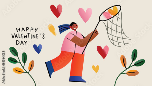 Person catching colorful hearts in net valentine's day illustration with flowers