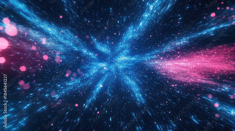 Obraz premium Abstract glowing energy particles moving rapidly through a dark space, creating a dynamic visual representing data flow, explosion, or warp speed travel in a digital universe