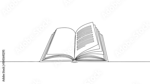 A minimalist line drawing of an open book with text on the right page, presented on a plain white background.