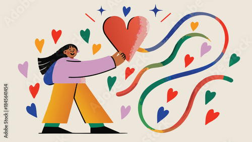 A smiling woman with long dark hair wearing yellow pants and a lilac sweater holds a large pink heart surrounded by colorful hearts and ribbons