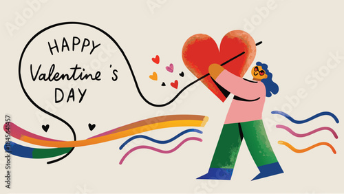 Woman holding big red heart, happy valentine's day greeting card with colorful streamers and hearts, cute vector illustration for love