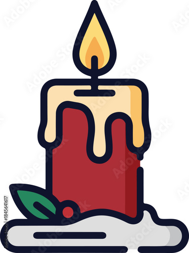 Christmas candle icon illustration - a festive and glowing red candle with a dripping wax design, adorned with holly leaves, perfect for holiday decorations and seasonal celebrations