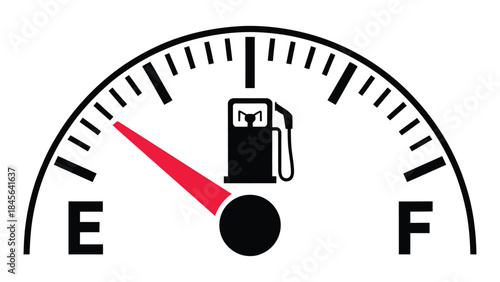 fuel gauge icon showing low fuel level warning with empty to full indicator, gas pump symbol, automotive dashboard vector illustration