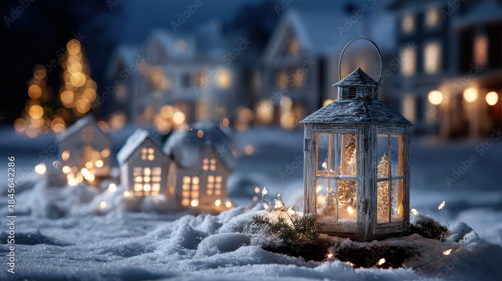 Fototapeta premium Snow-dusted cottages aglow with warm lantern lights, set against a serene winter landscape, evoke the magic of a traditional holiday village.