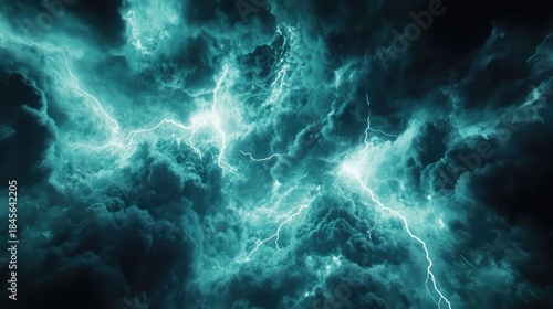 Dark storm clouds churn as vivid teal lightning forks across the sky, conveying raw power, energy, and the volatile, unpredictable forces of extreme weather and climate change