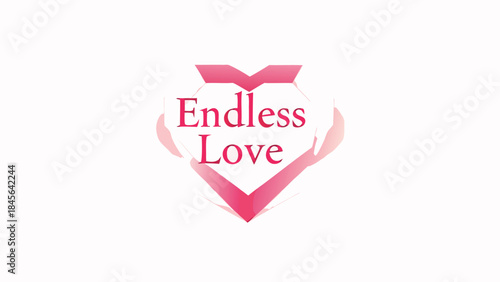 Glowing pink heart shaped crystal with endless love text on white background symbolizing romance and affection forever