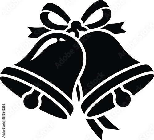 Elegant black silhouette icon of festive bells adorned with a graceful bow, perfect for holiday greetings and traditional christmas celebration designs