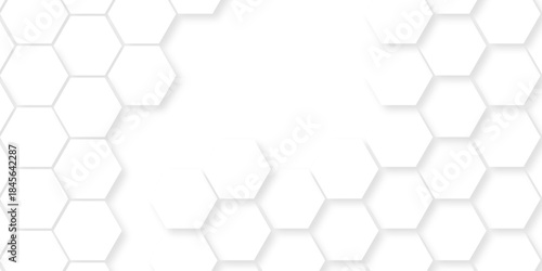 	
Abstract white paper hexagon geometric creative wall decoration mosaic. white hexagon technology. vector grid honeycomb soccer hexagonal cell structure tile mess. emboss bee background.
