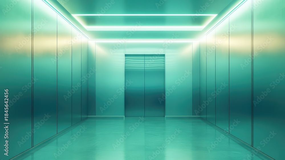Fototapeta premium Empty hallway featuring sleek metallic walls and a reflective floor, illuminated by vibrant, linear teal neon lights creating a clean, high tech and minimalist interior space