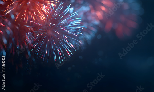 Red and blue fireworks exploding in the dark night sky. Celebration light show for Fourth of July or New Years Eve holiday background.
