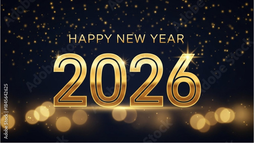 Golden 'Happy New Year 2026' Greeting on a Sparkling Dark Background, Celebrating the New Year's Arrival