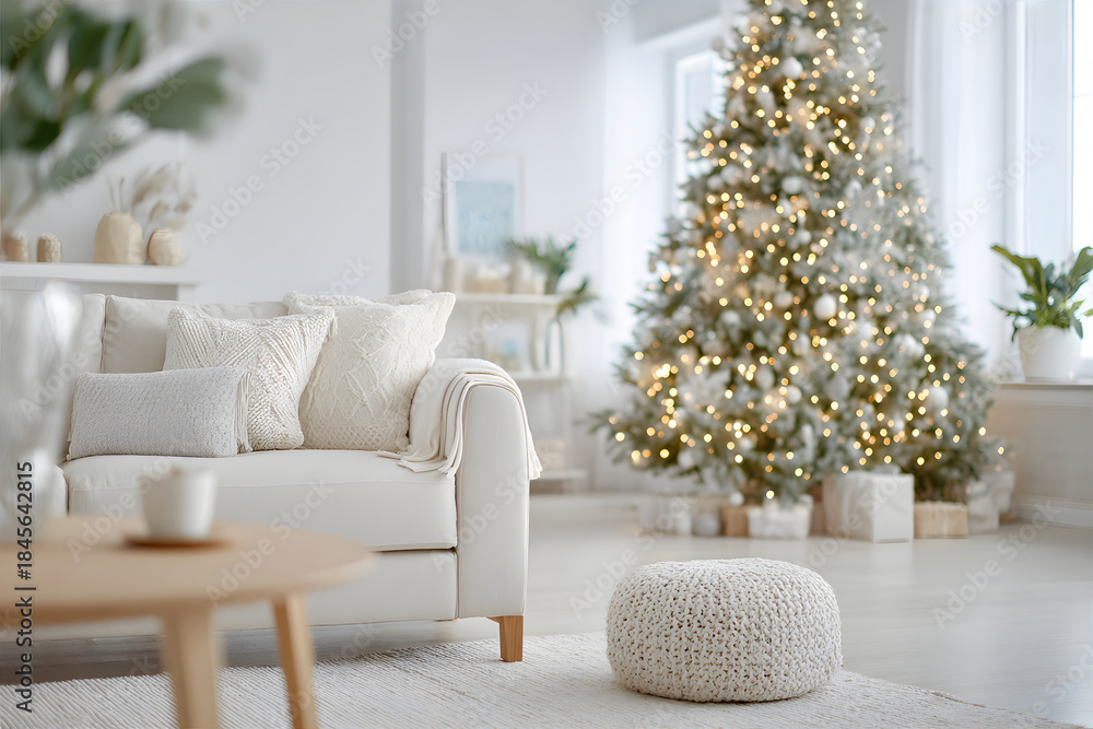 Fototapeta premium Minimalist living room with christmas tree decorated with golden lights. Cozy home interior design for holiday season celebration.