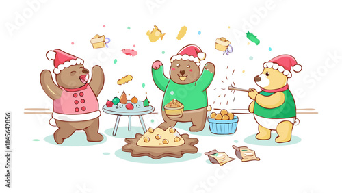 Chubby cartoon bears baking Christmas cakes and cookies in a warm bakery, flour flying, sweet holiday chaos