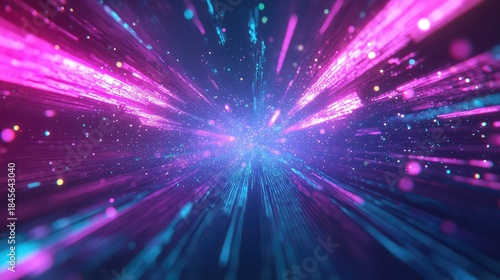Abstract background showing bright blue and pink neon light rays converging towards a central point, creating a futuristic effect of speed, data flow, and energetic connectivity