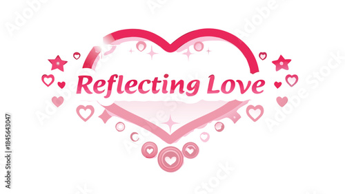 A heart shaped mirror reflecting love with pink text and decorative hearts, stars, and sparkles on a white background
