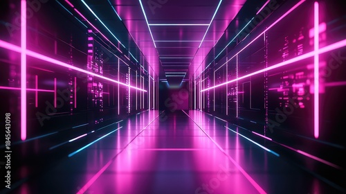 Fototapeta Naklejka Na Ścianę i Meble -  Modern digital tunnel creates an immersive abstract path with vivid pink and blue neon lights reflecting on the metallic floor, symbolizing technology and data flow
