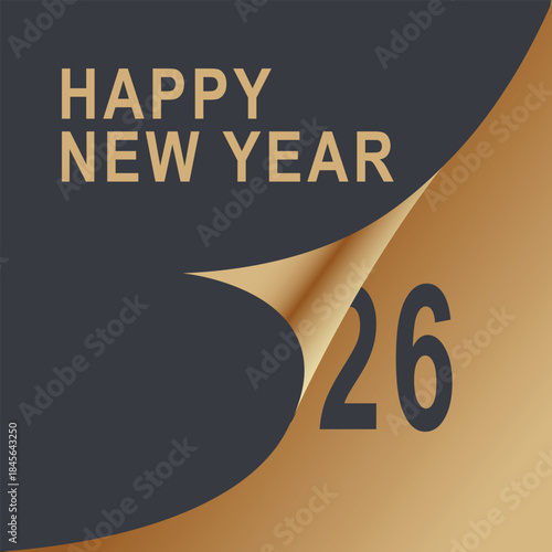 Happy New Year 2026 Luxury Black and Gold Greeting Background. Elegant Happy New Year 2026 Celebration Design with Gold Curve.