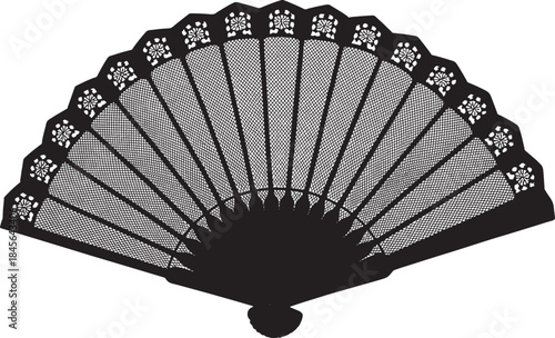 A detailed black silhouette of an ornate folding hand fan, featuring intricate lace and mesh patterns, ideal for designs related to spanish culture, dance, elegance, and fashion accessories