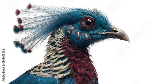 Closeup portrait of a vibrant blue and maroon crowned bird isolated on transparent background