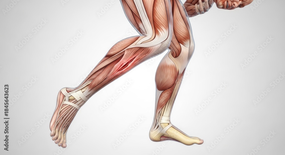Obraz premium Leg injury concept as painful body inflammation or runner foot ankle muscle sprain or pain as medical illness anatomy lower leg muscle damage with 3d rendering