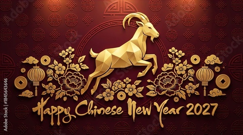 Happy Chinese New Year 2027, featuring elegant goat silhouette, ornate flowers, and festive decorative elements on red background