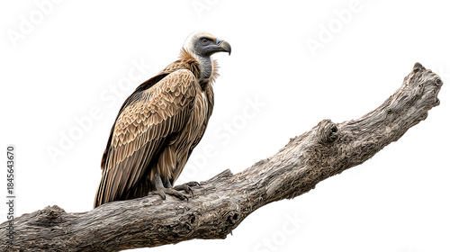 Rppells griffon vulture perched on a dry tree branch isolated on transparent background