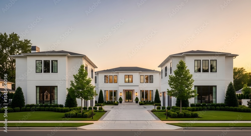 Fototapeta premium Luxury white modern residential house exterior at sunset. Real estate wealth and suburban dream home. Large family mansion with green lawn and paved driveway in evening light