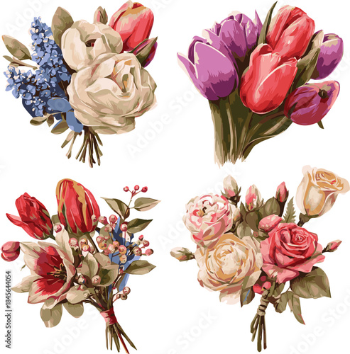  Bouquets of flowers. A bouquet of garden flowers, a bouquet of tulips, a bouquet of roses. Vector set of floral decoration. Suitable for March 8, Mother's Day, invitations, greeting card