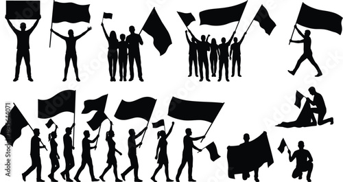 People with Flags Silhouette Vector | Standing and Kneeling Figures Illustration