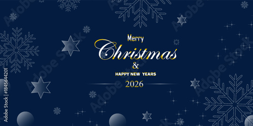 Art Merry Christmas and Happy Holidays greeting card, frame, banner. New Year. Noel. Christmas ornaments on blue background top view. suit for bussines