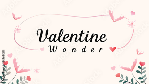 Valentine's day luxury thin calligraphy text with red blush hearts and flowers decorative design element for love romantic greeting cards