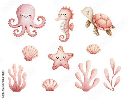 Adorable sea life watercolor characters.