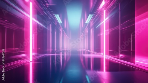 Fototapeta Naklejka Na Ścianę i Meble -  Abstract visual representing a modern neon lit tunnel with vibrant glowing lines and a reflective floor, symbolizing future technology, digital transformation, and fast data transfer