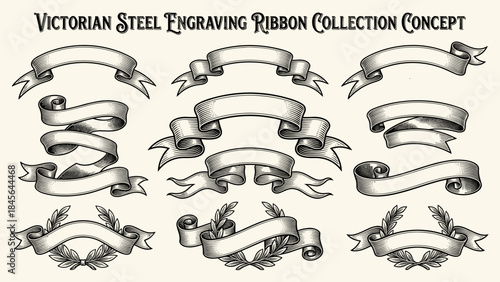 Victorian style ribbon banners engraving collection vector set