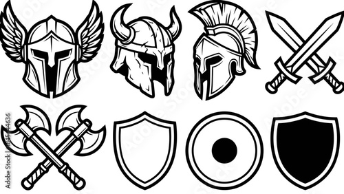 Ancient warrior helmets shields and weapons vector icon set