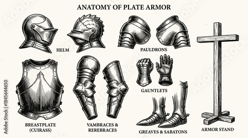 Anatomy of plate armor components vintage illustration