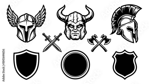 Collection of warrior helmets and shields vector illustration