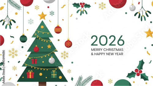 Bright festive illustration depicting a Christmas tree and winter decor, wishing a Happy New Year 2026.