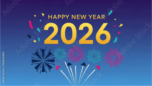 Graphic fireworks illustration for a Happy New Year celebration in 2026.