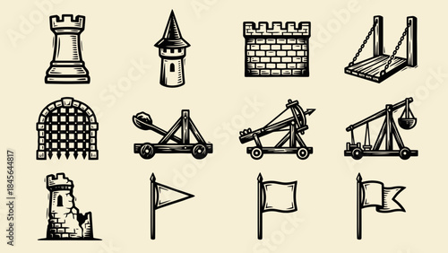 Medieval castle architecture and siege weapons icons vector set