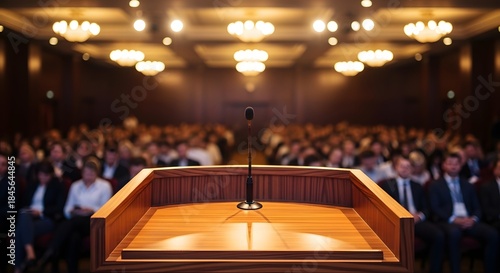 Microphone on a wooden podium facing a blurred audience in a conference hall. Public speaking and leadership presentation. View from the stage looking at a crowd of people under spotlights