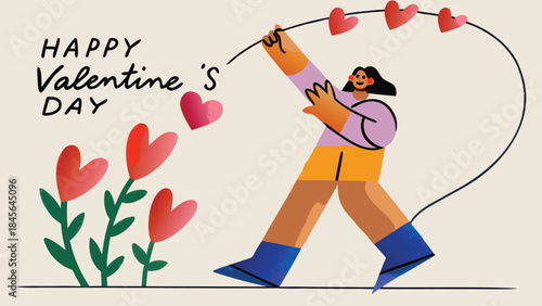 Woman holding string of hearts on valentine's day with flowers, celebrating love and affection in a playful, modern illustration