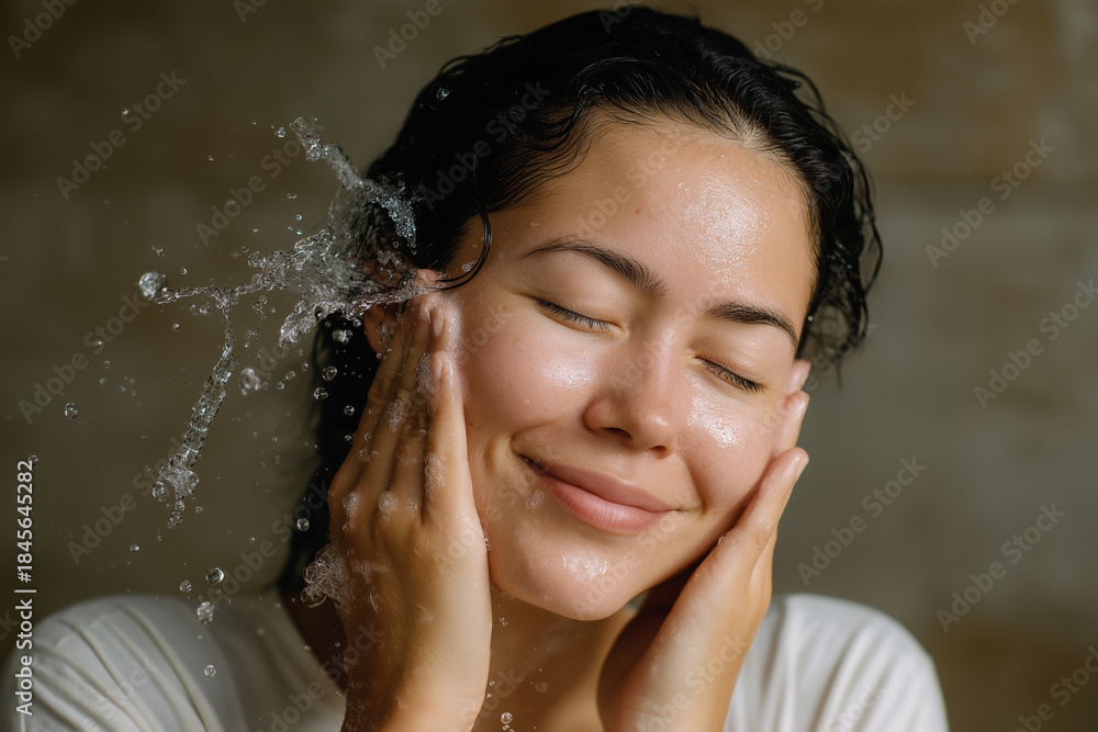 Obraz premium A refreshing portrait of a woman splashing water onto her face, capturing the essence of a rejuvenating skincare routine that promotes self-care and wellness.