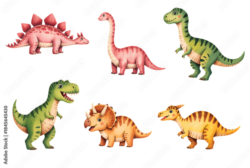 Naklejka premium Friendly baby dinosaur watercolor characters for kids birthday party and nursery decor.
