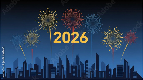 The start of a Happy New Year 2026: A city celebrates the New Year with fireworks.