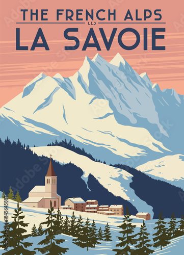 La Savoie Ski Resort Poster, retro winter travel design, vintage skiing scene, snowy mountain landscape, classic alpine holiday artwork, nostalgic vector illustration.