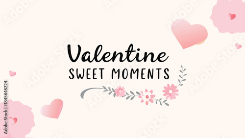 Elegant valentine's day lettering with delicate heart flourishes and floral designs on soft pink background